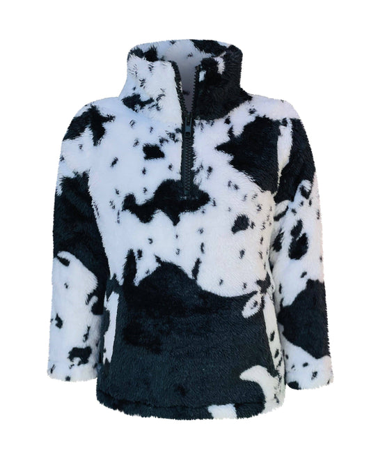 Cow Print Black White Sherpa Pullover Kids