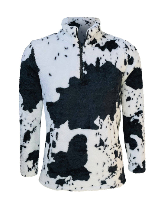 Cow Print Black White Sherpa Pullover Women